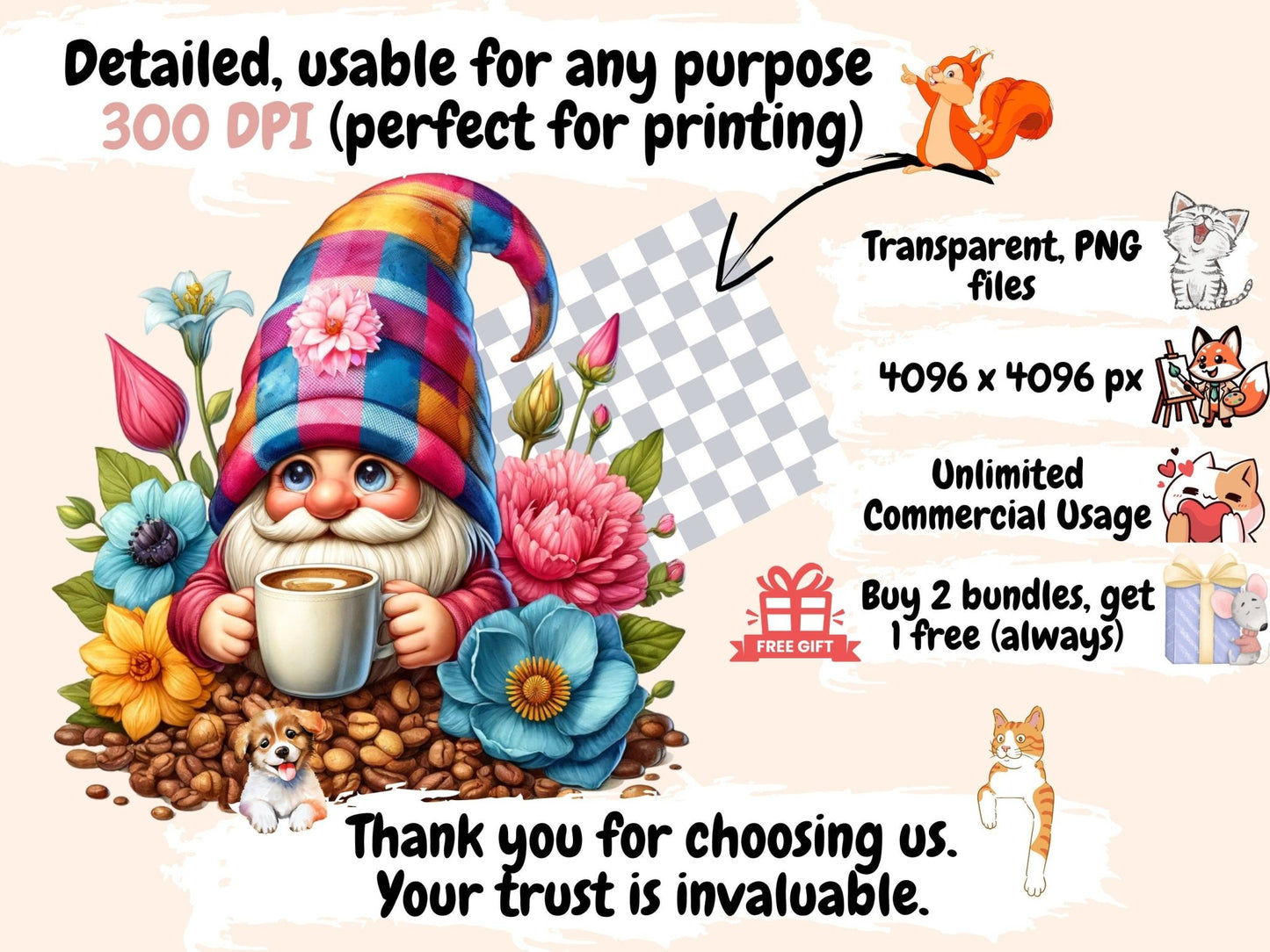 Floral Coffee Gnomes Clipart - High - Quality Instant Digital Download for Creative Projects