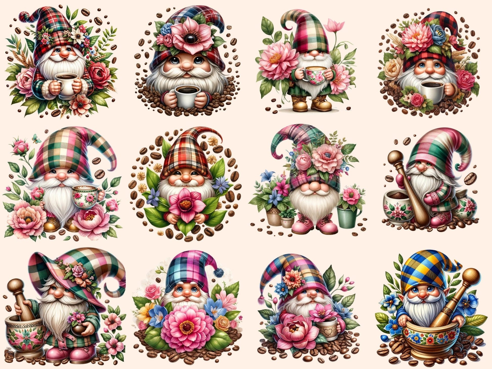 Floral Coffee Gnomes Clipart - High - Quality Instant Digital Download for Creative Projects