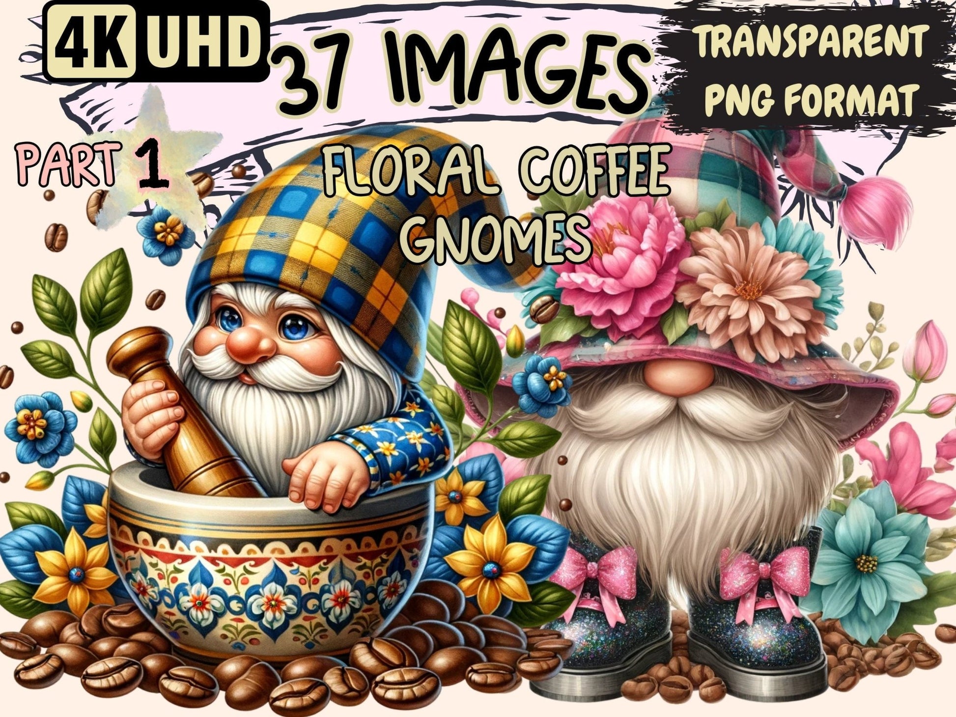 Floral Coffee Gnomes Clipart - High - Quality Instant Digital Download for Creative Projects