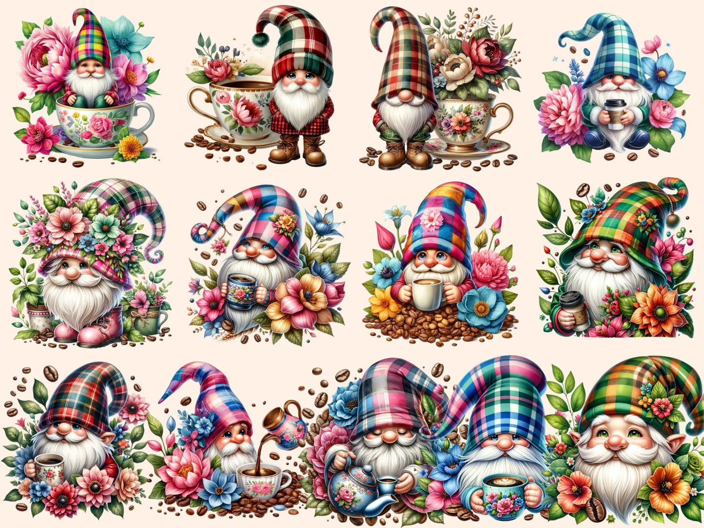 Floral Coffee Gnomes Clipart - High - Quality Instant Digital Download for Creative Projects