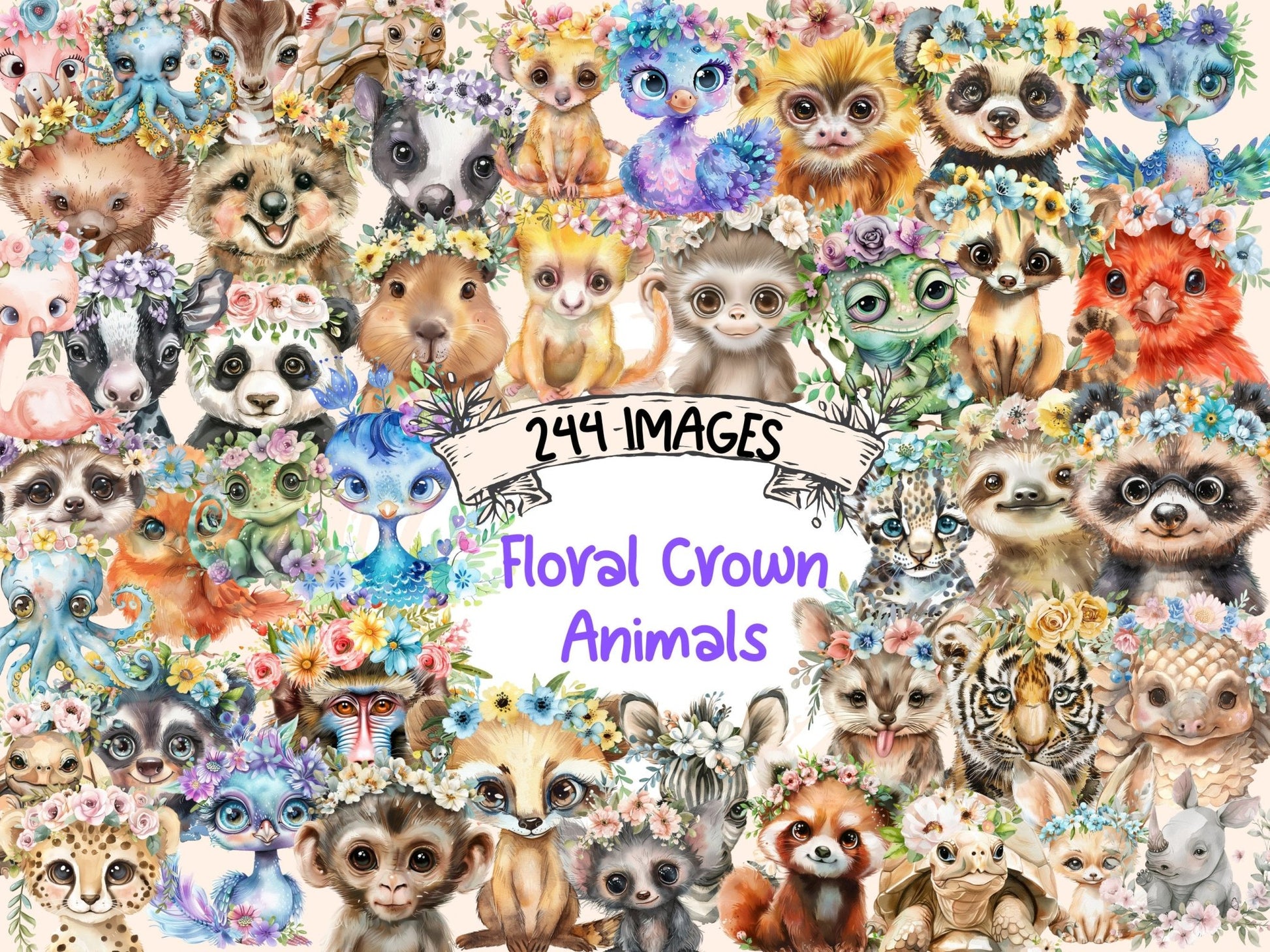 Floral Crown Animals Watercolor Clipart - High - Quality Instant Digital Download for Creative Projects