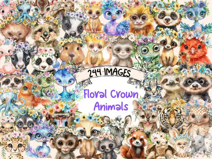 Floral Crown Animals Watercolor Clipart Animal Clipart - Wonders Artist