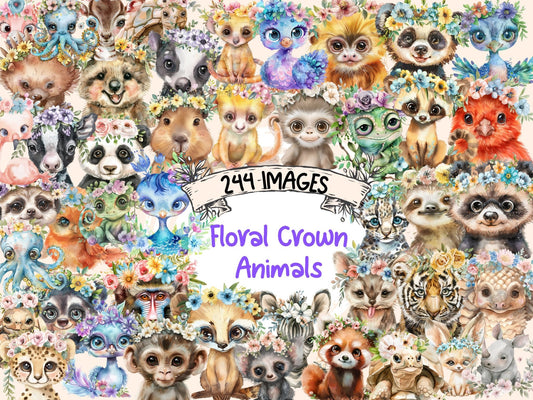 Floral Crown Animals Watercolor Clipart - High - Quality Instant Digital Download for Creative Projects