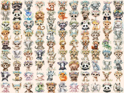Floral Crown Animals Watercolor Clipart Animal Clipart - Wonders Artist