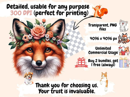Floral Crown Foxes Clipart Cute fox art - Wonders Artist