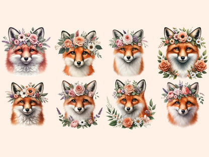 Floral Crown Foxes Clipart Cute fox art - Wonders Artist