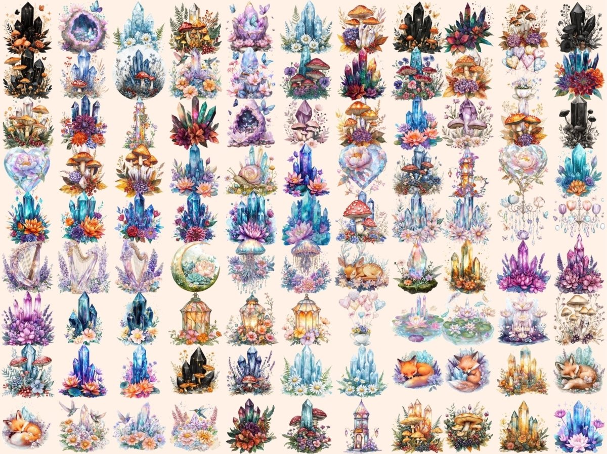 Floral Crystals Watercolor Clipart crystal art crystal clipart crystal graphics - WondersArtist