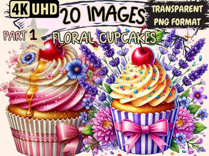 Floral Cupcakes Clipart - High - Quality Instant Digital Download for Creative Projects
