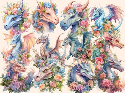Floral Dragons Watercolor Clipart dragon art - Wonders Artist