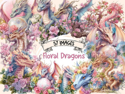 Floral Dragons Watercolor Clipart dragon art - Wonders Artist