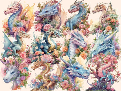 Floral Dragons Watercolor Clipart dragon art - Wonders Artist
