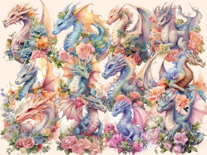 Floral Dragons Watercolor Clipart dragon art - Wonders Artist