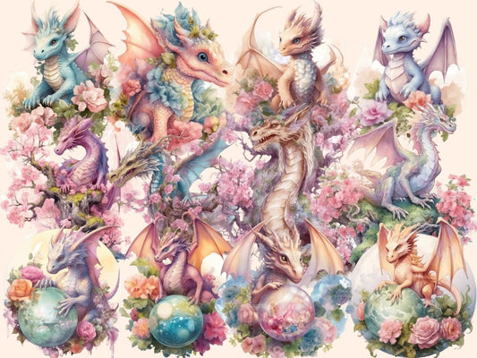 Clipart cu Dragoni Florali în Acuarelă