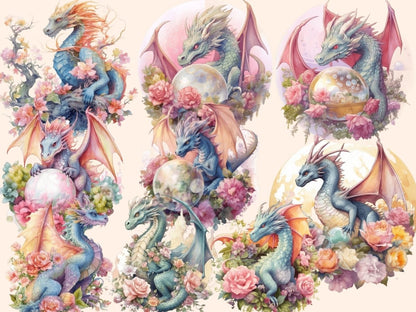Floral Dragons Watercolor Clipart dragon art - Wonders Artist
