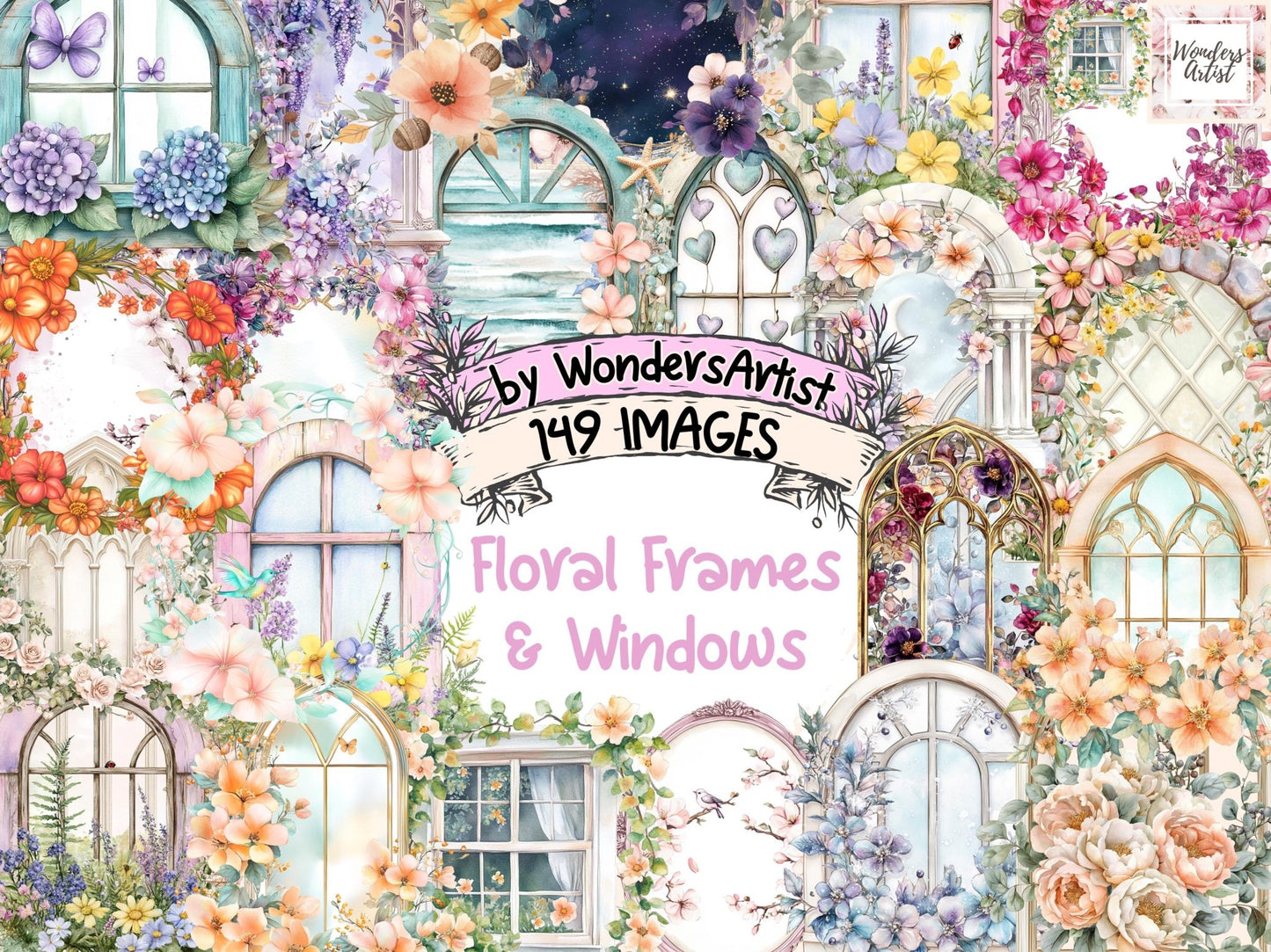 Floral Frames & Windows Watercolor Clipart Bundle - High - Quality Instant Digital Download for Creative Projects