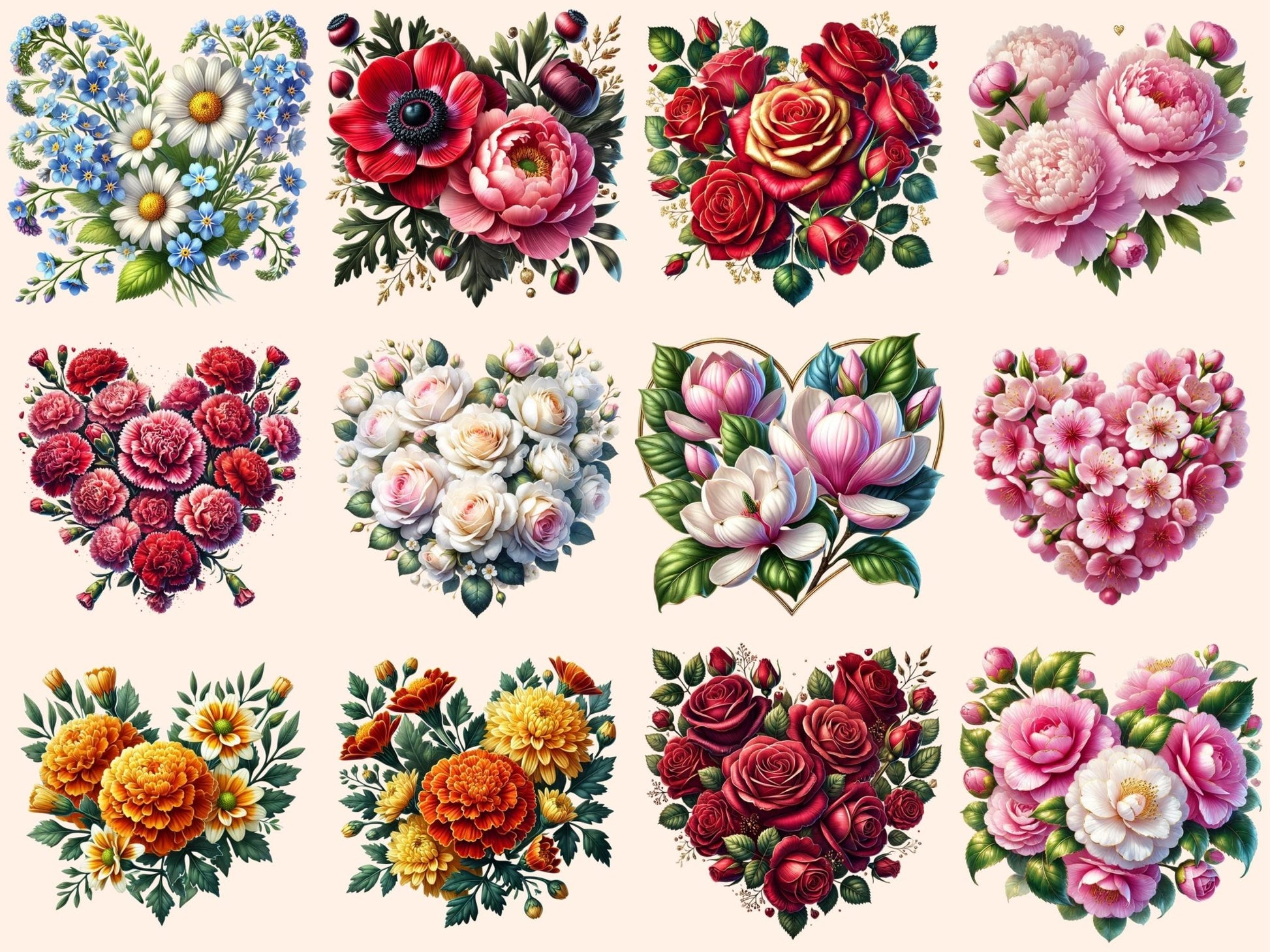 Floral Hearts Clipart - High - Quality Instant Digital Download for Creative Projects