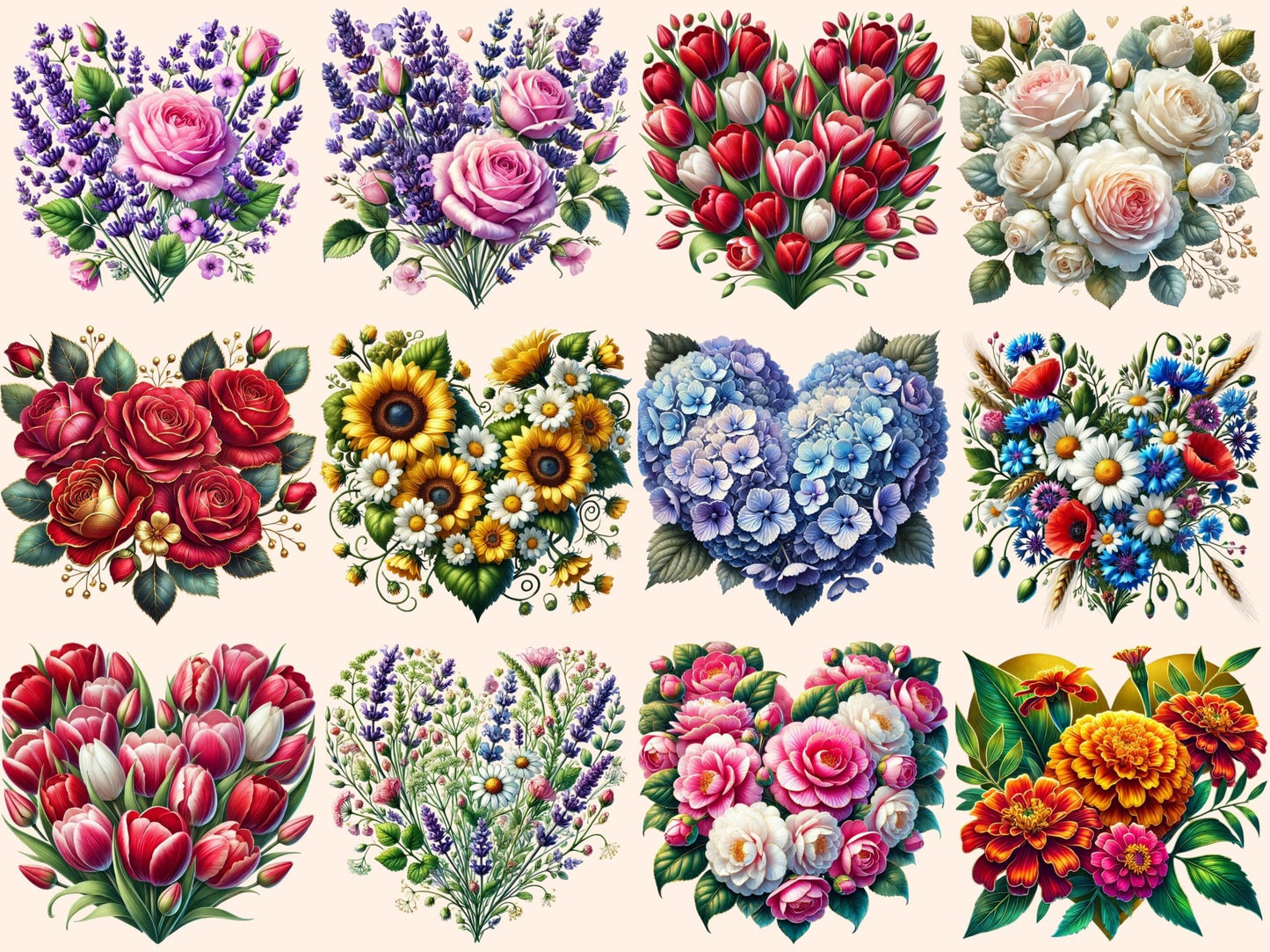 Floral Hearts Clipart - High - Quality Instant Digital Download for Creative Projects