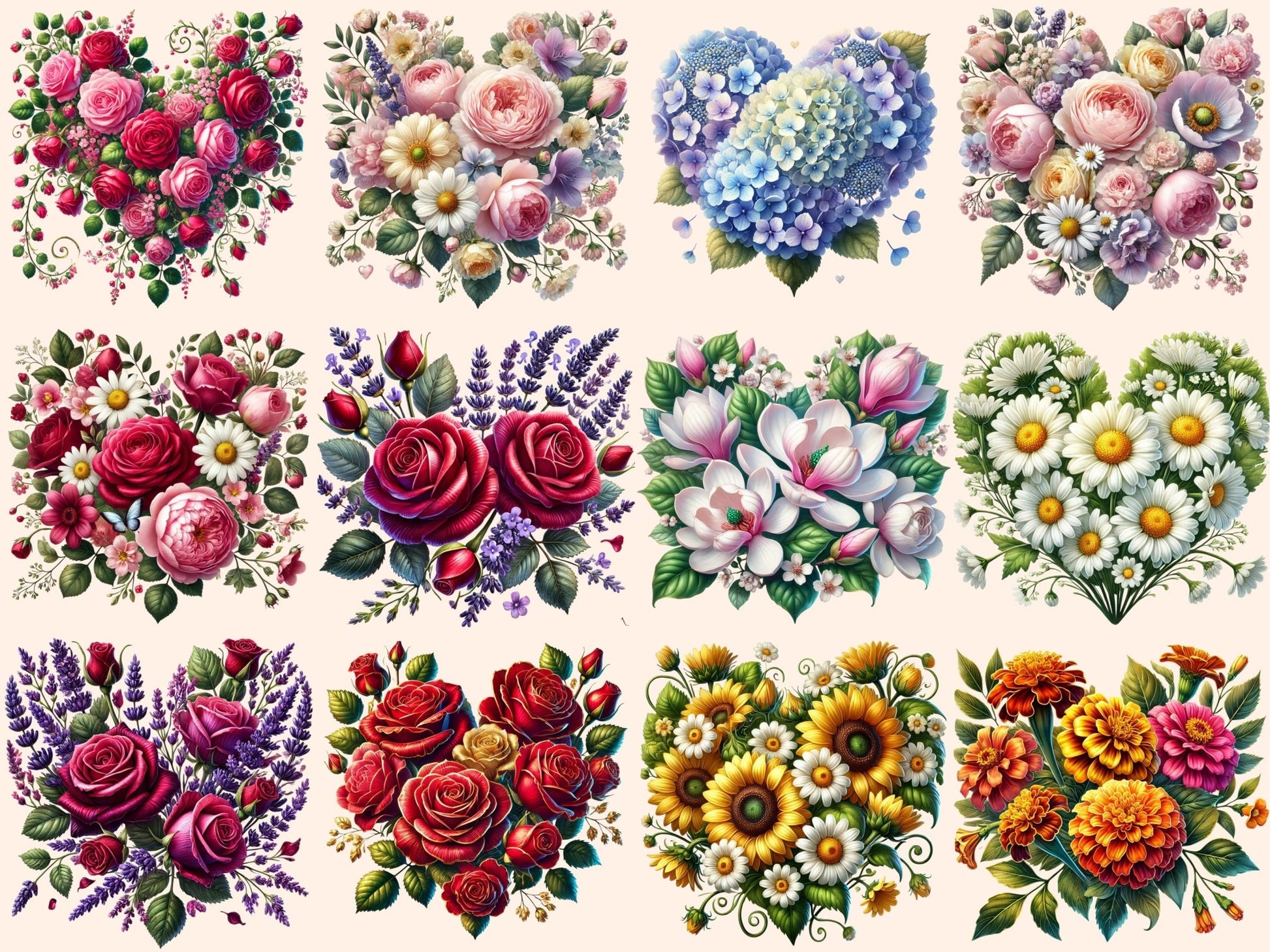 Floral Hearts (P2) Clipart - High - Quality Instant Digital Download for Creative Projects