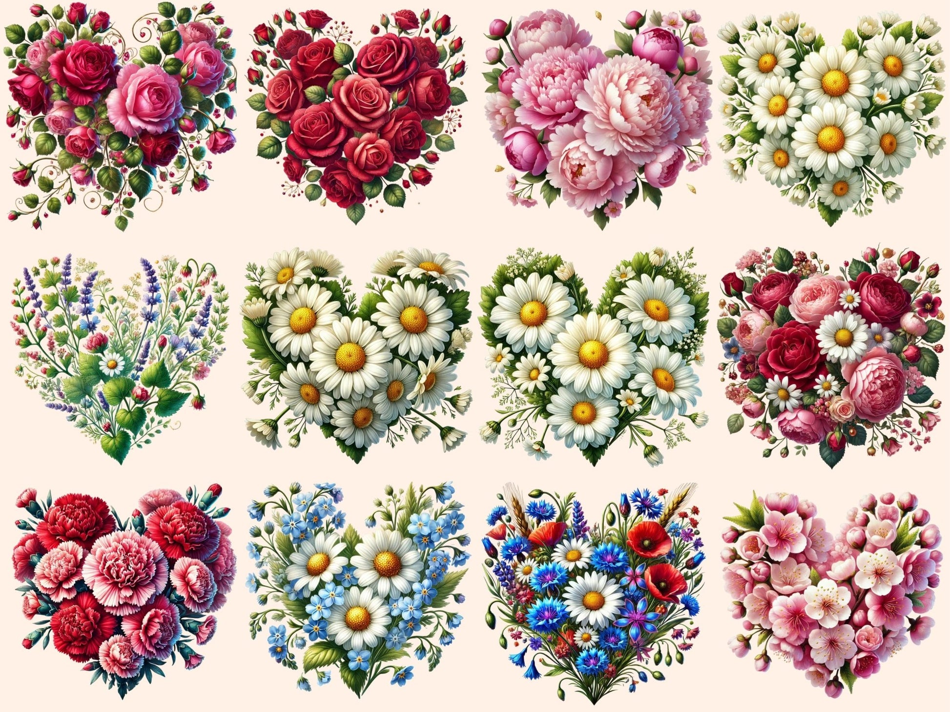 Floral Hearts (P2) Clipart - High - Quality Instant Digital Download for Creative Projects