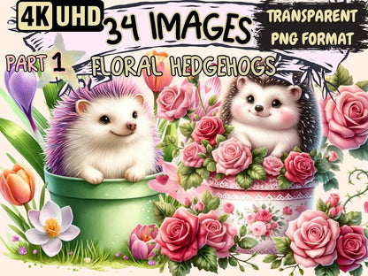 Floral Hedgehogs Clipart Cute hedgehog art - Wonders Artist
