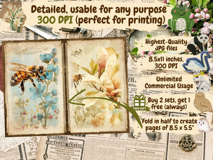 Floral Honeybees Journal Pages - High - Quality Instant Digital Download for Creative Projects
