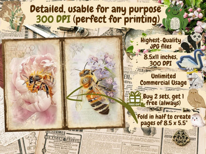 Floral Honeybees Journal Pages (P3) Bee Collage Set - Wonders Artist