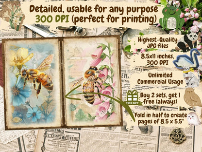 Floral Honeybees Journal Pages (P4) Bee Collage Set - Wonders Artist