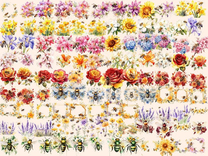 Floral Honeybees Watercolor Clipart bee clipart - Wonders Artist