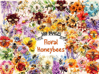 Floral Honeybees Watercolor Clipart bee clipart - Wonders Artist