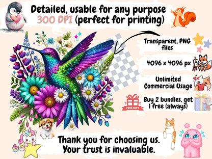 Floral Hummingbirds (P2) Clipart bird decor - Wonders Artist