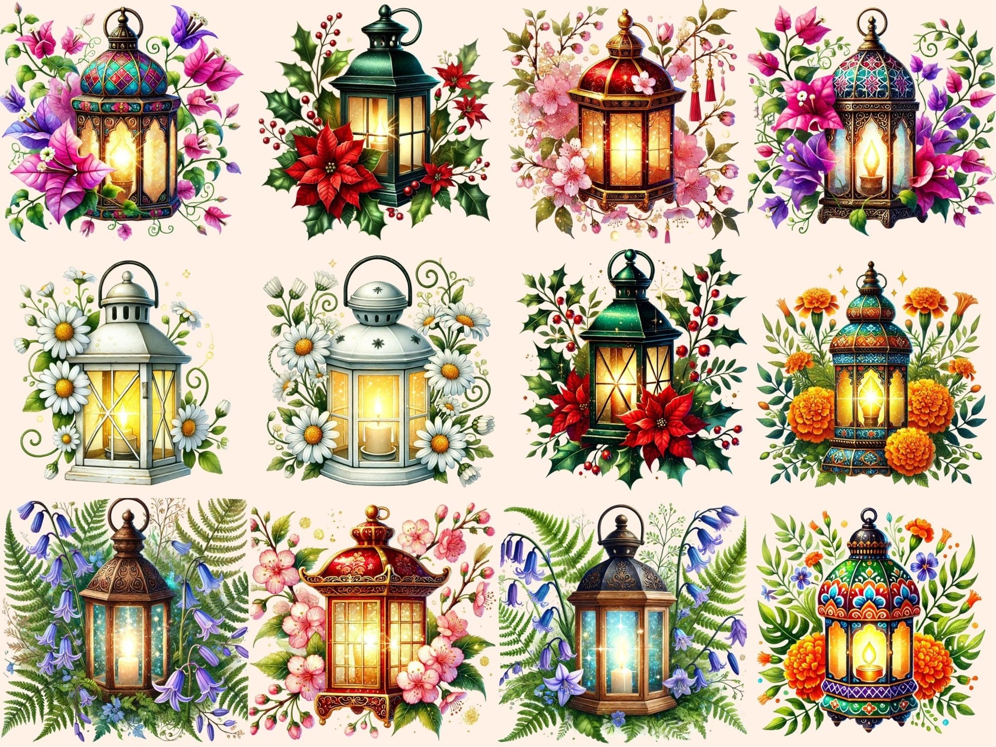 Floral Lanterns Clipart - High - Quality Instant Digital Download for Creative Projects