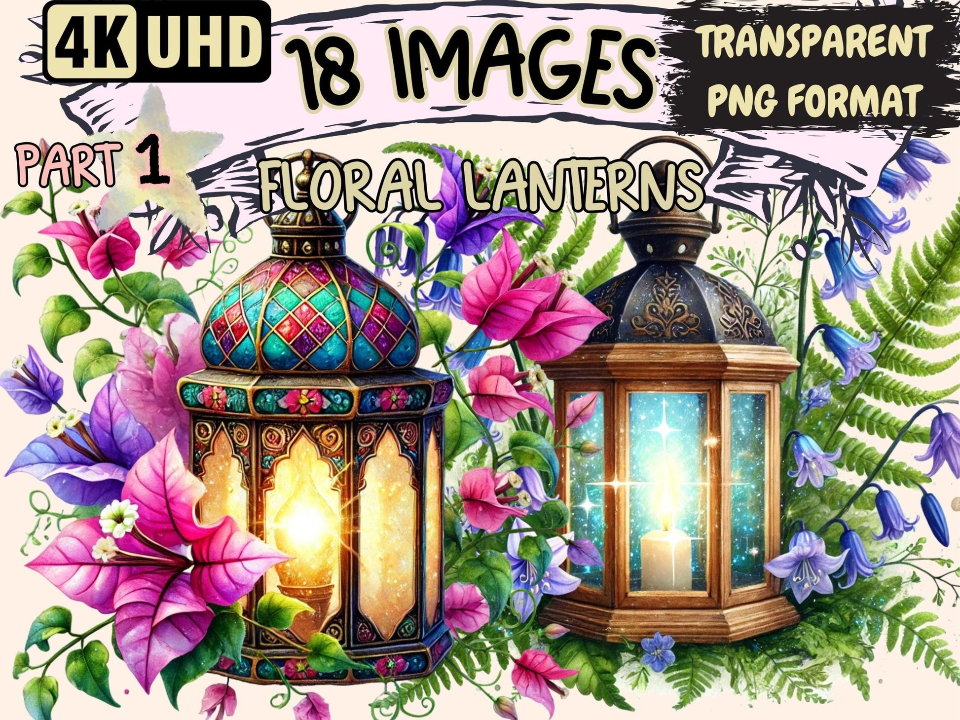 Floral Lanterns Clipart - High - Quality Instant Digital Download for Creative Projects