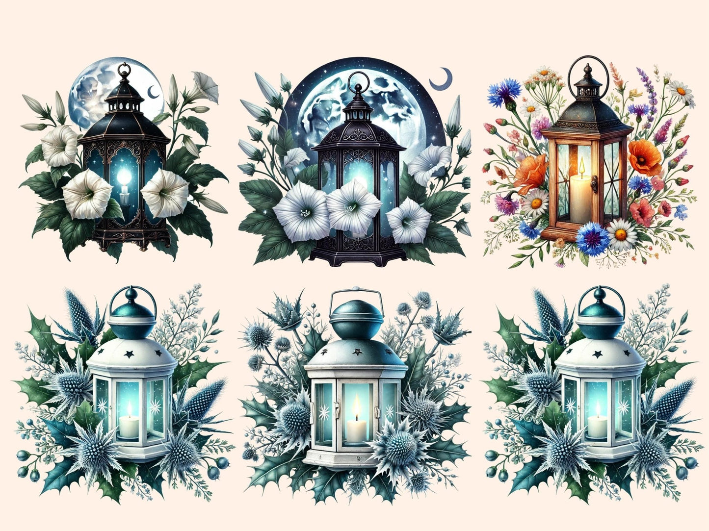 Floral Lanterns Clipart - High - Quality Instant Digital Download for Creative Projects