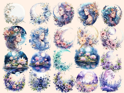 Floral Moons Watercolor Clipart celestial clipart - Wonders Artist