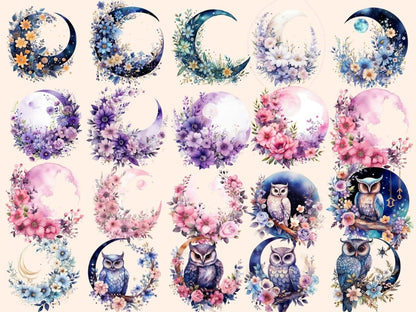 Floral Moons Watercolor Clipart celestial clipart - Wonders Artist