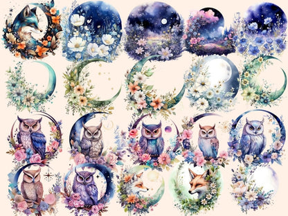 Floral Moons Watercolor Clipart celestial clipart - Wonders Artist