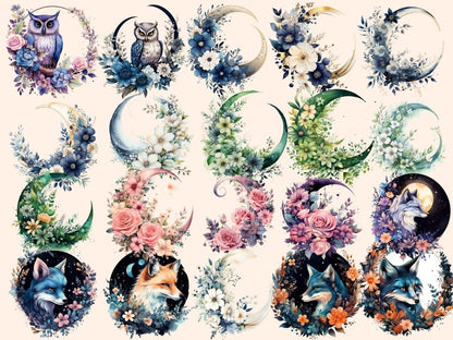 Floral Moons Watercolor Clipart celestial clipart - Wonders Artist