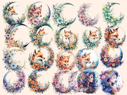 Floral Moons Watercolor Clipart celestial clipart - Wonders Artist