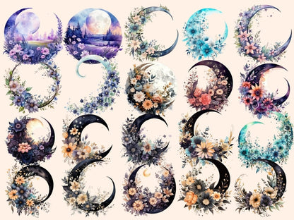 Floral Moons Watercolor Clipart celestial clipart - Wonders Artist