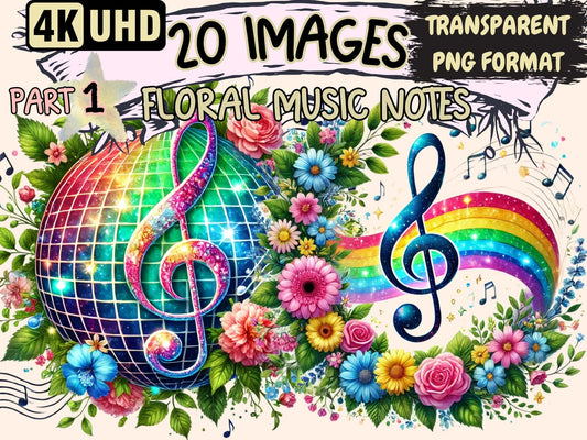 Floral Music Notes Clipart - High - Quality Instant Digital Download for Creative Projects