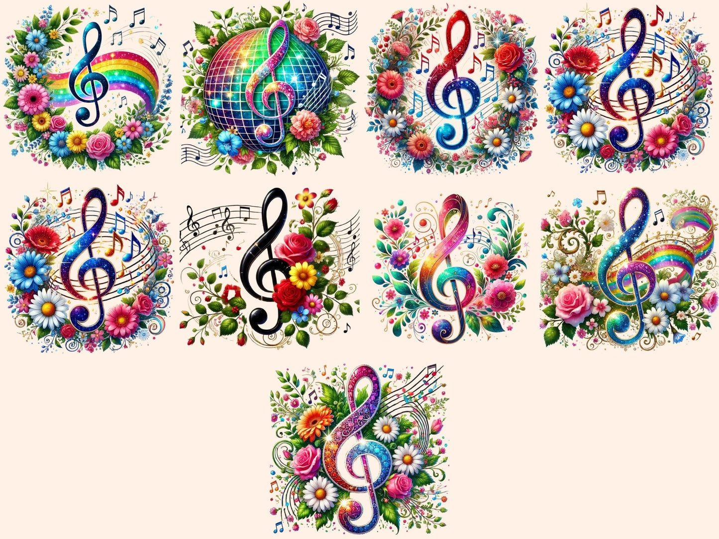 Floral Music Notes Clipart - High - Quality Instant Digital Download for Creative Projects