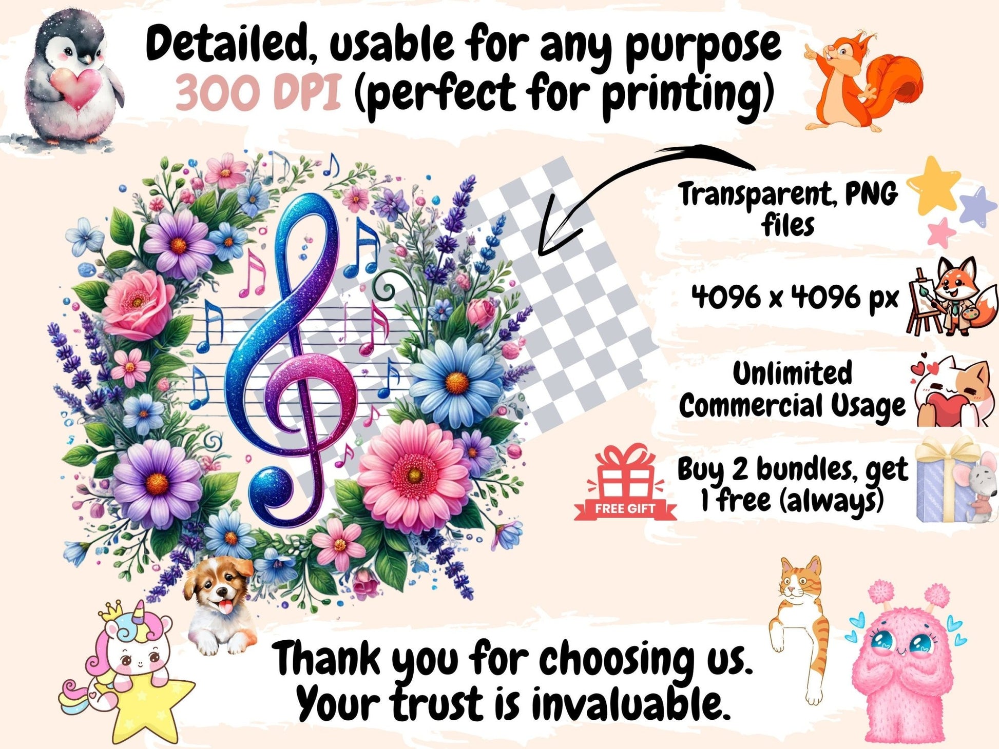 Floral Music Notes Clipart - High - Quality Instant Digital Download for Creative Projects