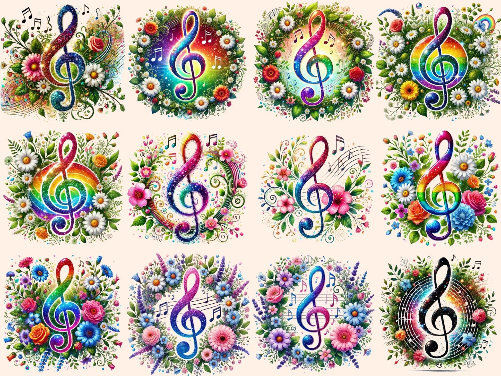 Floral Music Notes Clipart - High - Quality Instant Digital Download for Creative Projects