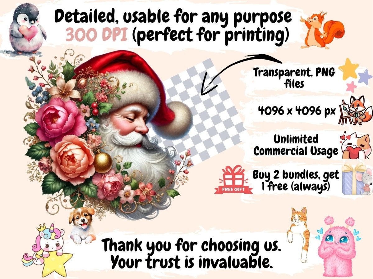 Floral Santa Clipart - High - Quality Instant Digital Download for Creative Projects