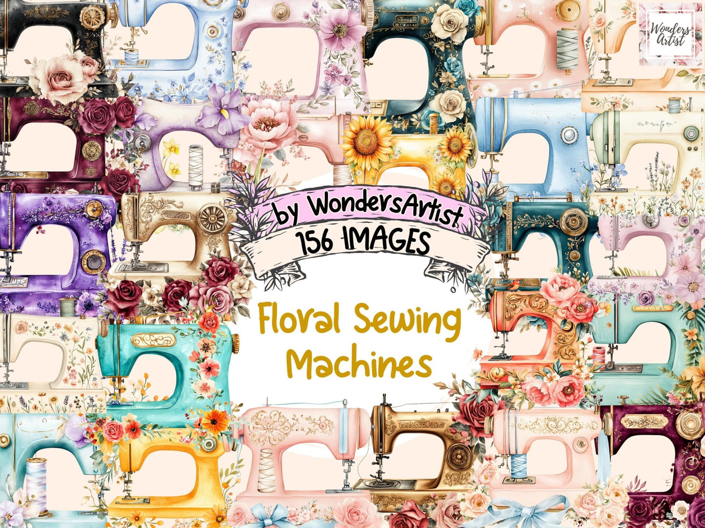 Floral Sewing Machines Watercolor Clipart Bundle - High - Quality Instant Digital Download for Creative Projects