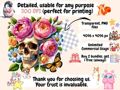 Floral Skulls (P2) Clipart - High - Quality Instant Digital Download for Creative Projects