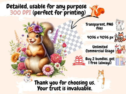 Floral Squirrels Clipart - High - Quality Instant Digital Download for Creative Projects