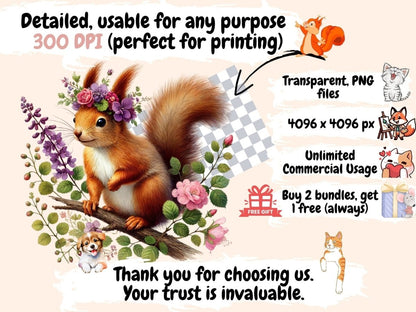 Floral Squirrels (P2) Clipart Cute squirrel art - Wonders Artist