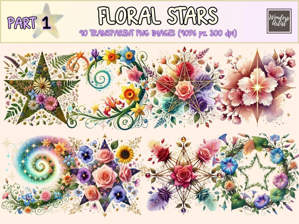 Floral Stars Clipart botanical star png celestial floral png cute star art - WondersArtist