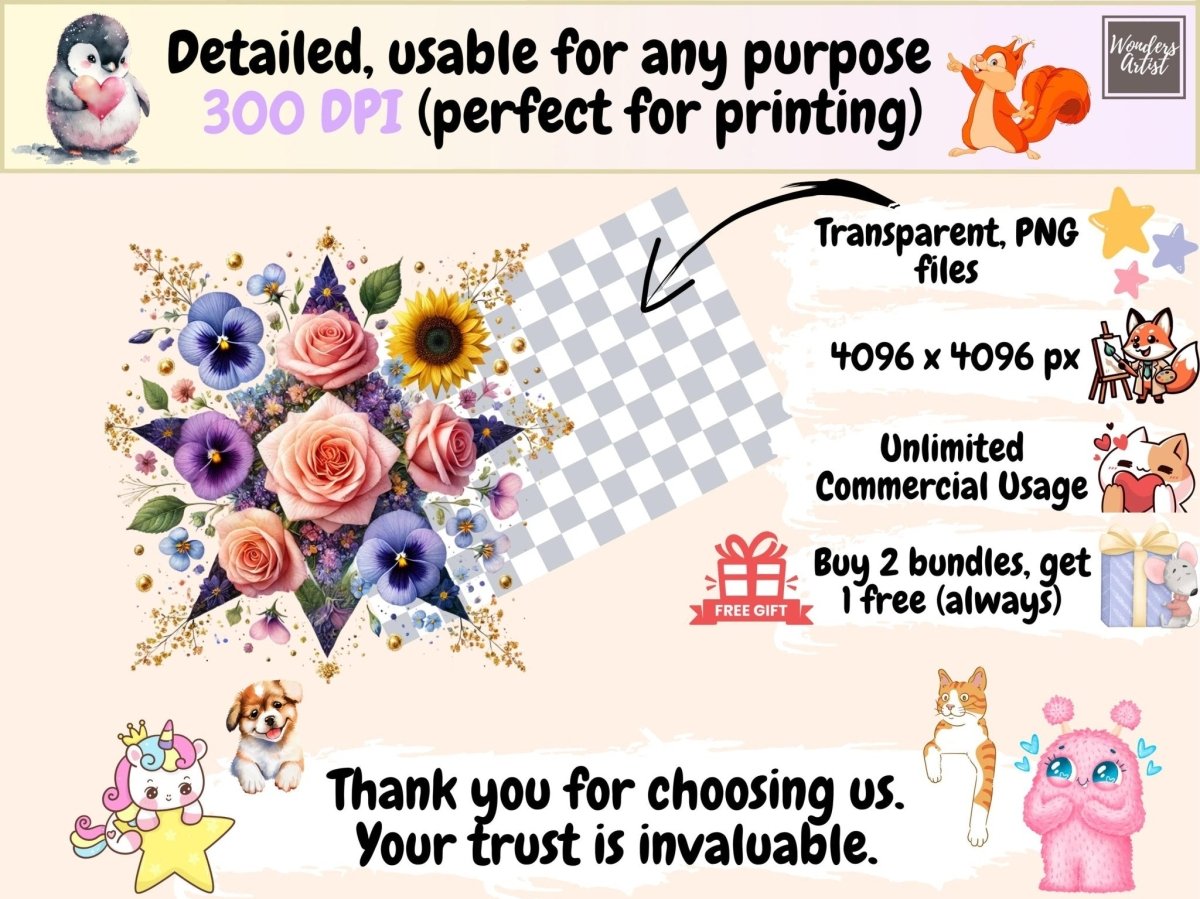 Floral Stars Clipart botanical star png celestial floral png cute star art - WondersArtist